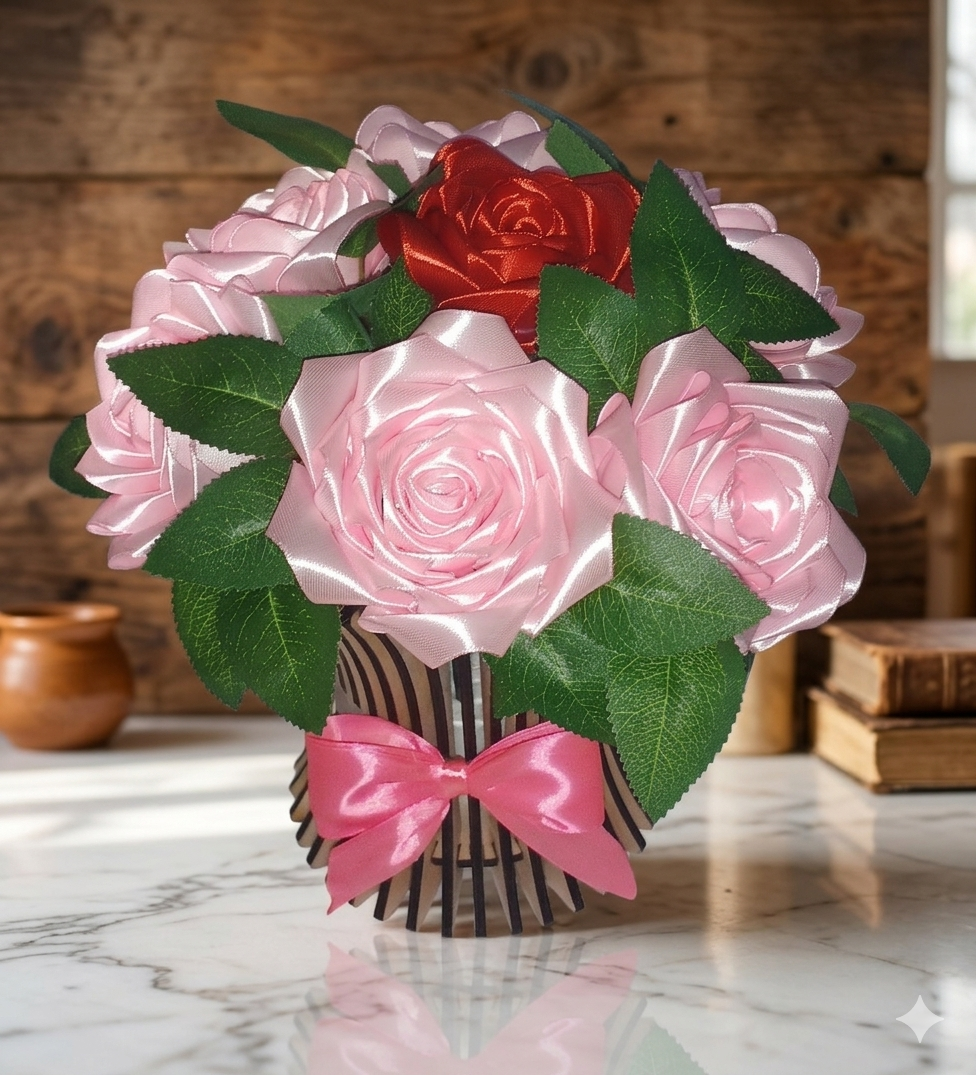 Vaze decorative lemn cu  trandafiri din satin