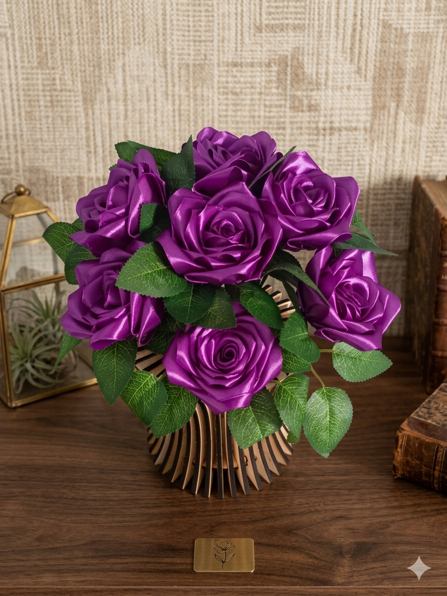Vaze decorative lemn cu  trandafiri din satin