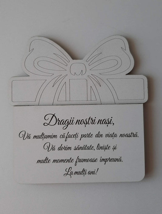 Felicitare / Suport card cadou din lemn cu mesaj pentru nași