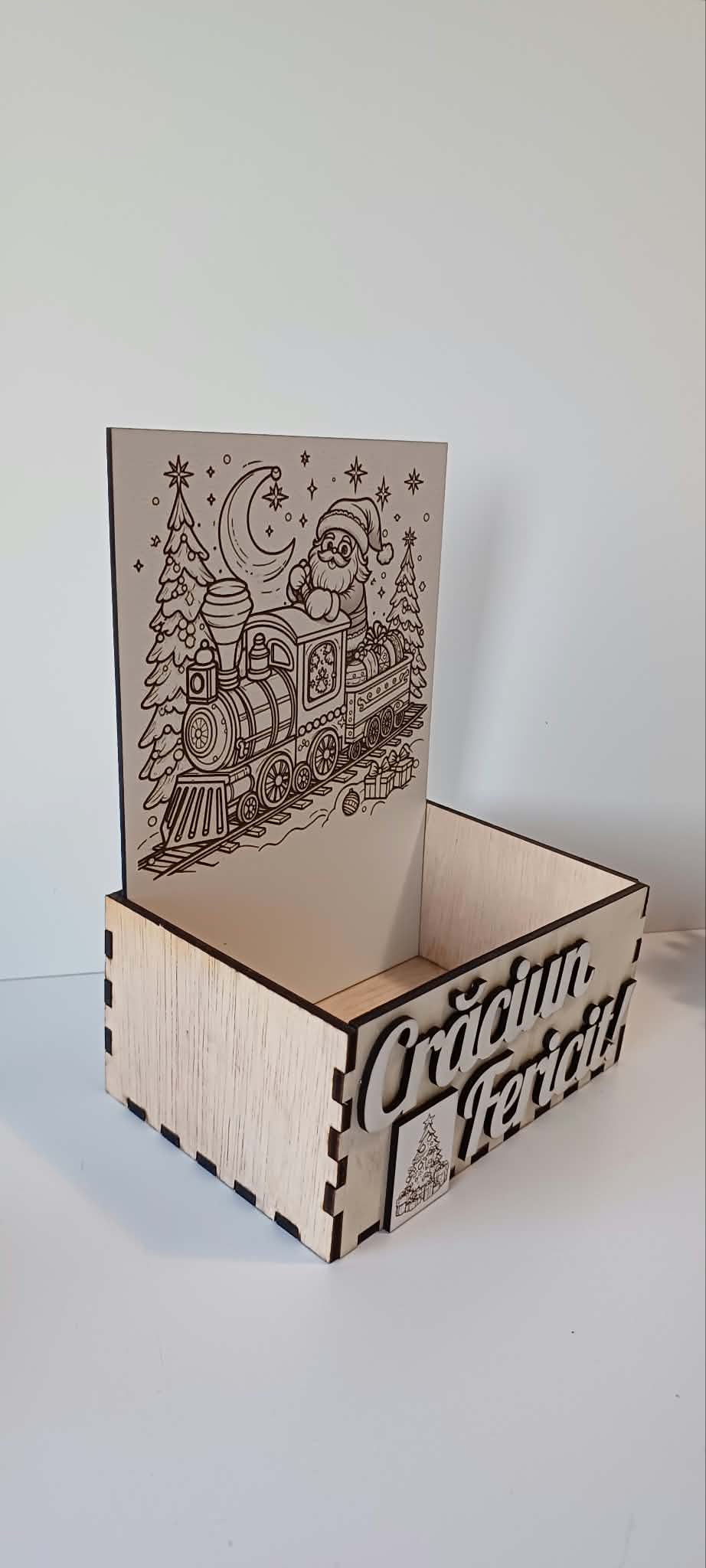 Cutie din lemn "Crăciun Fericit" cu design la alegere, 15x10x21 cm, Placaj 4 mm