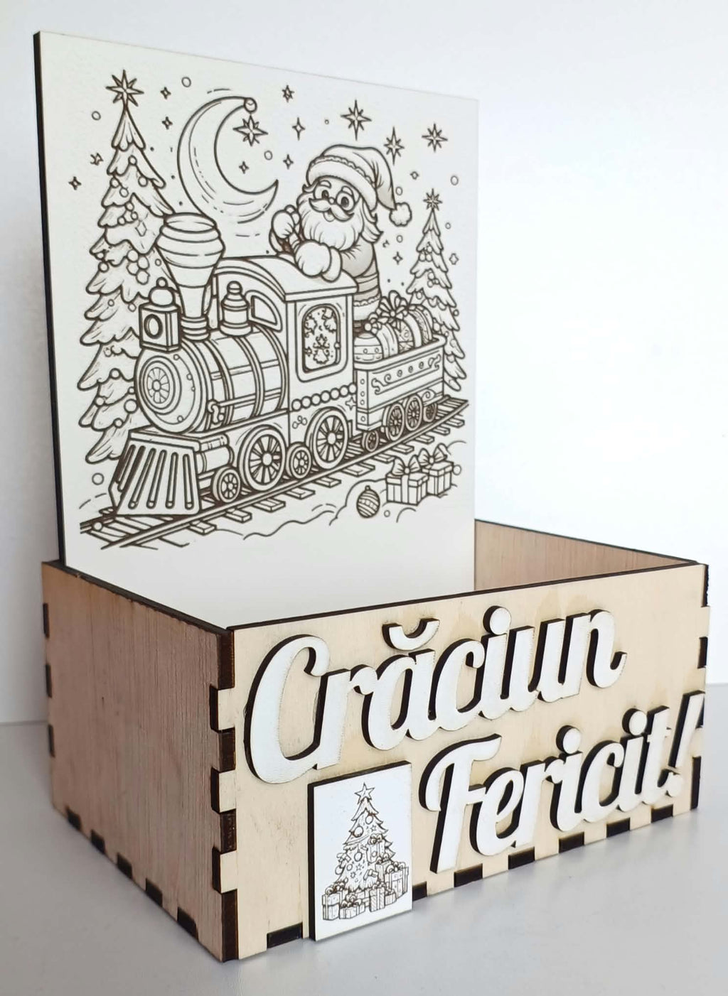 Cutie din lemn "Crăciun Fericit" cu design la alegere, 15x10x21 cm, Placaj 4 mm