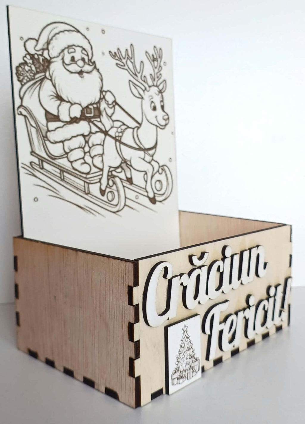 Cutie din lemn "Crăciun Fericit" cu design la alegere, 15x10x21 cm, Placaj 4 mm