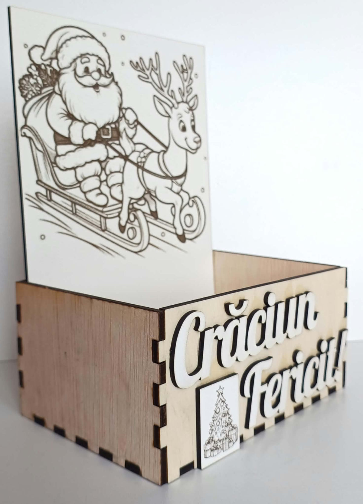 Cutie din lemn "Crăciun Fericit" cu design la alegere, 15x10x21 cm, Placaj 4 mm