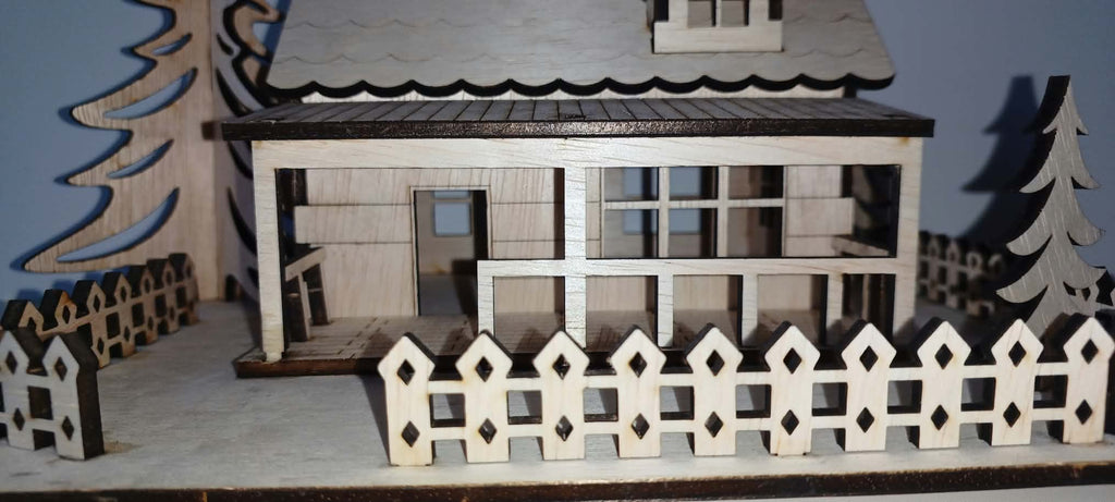 Căsuță decorativă din lemn cu curte și gard – Machetă rustică / Aranjament crăciun & bricolaj